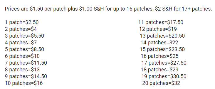 List of prices for patches, including shipping